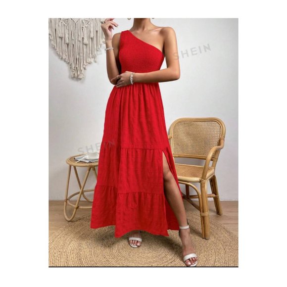 One Shoulder Ruffled Hem Maxi Sundress with Side Slit LARGE - Picture 4 of 8